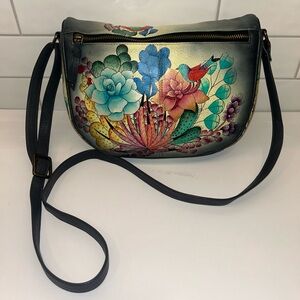 ANNA Anuschka Leather Floral Birds Hand Painted Shoulder Crossbody Bag Purse VTG